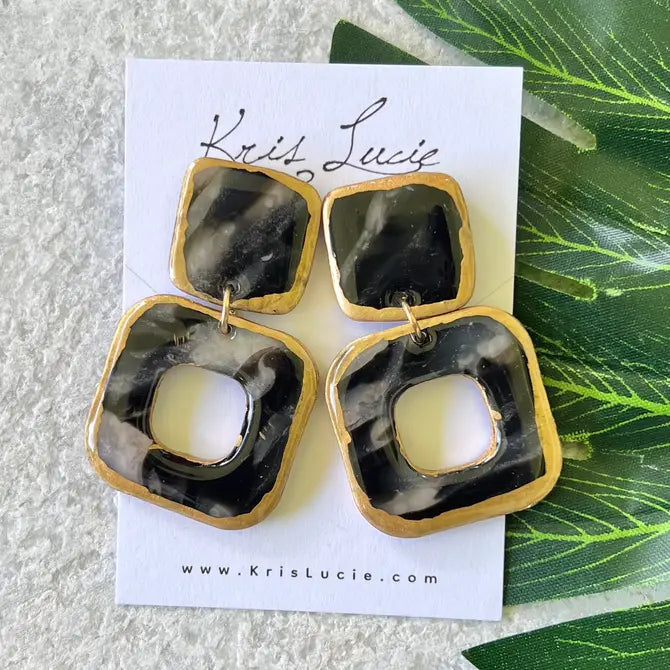 Gold and Black Marble Earrings