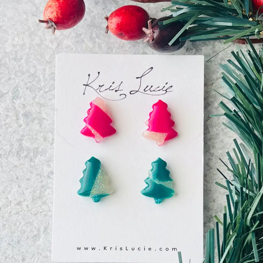 Pink & Green Tree Studs