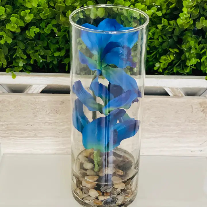 Blue Cymbidium Orchid Cylinder Glass Vase