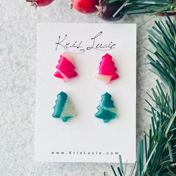 Pink & Green Tree Studs