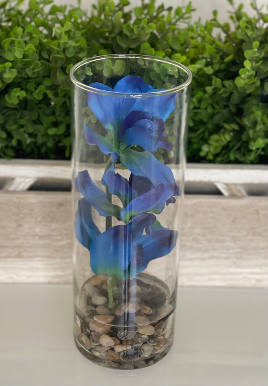 Blue Cymbidium Orchid Cylinder Glass Vase